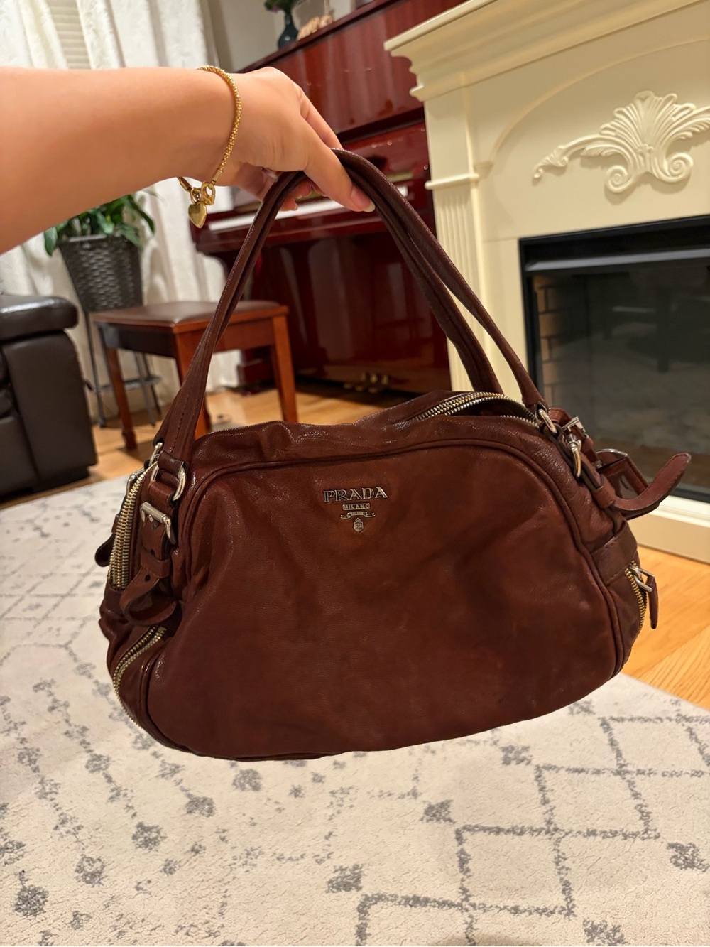 Prada Brown Leather Double-Handle Shoulder Bag